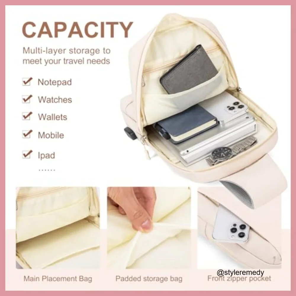 PU Leather Sling Bag with USB Charging Port, Adjustable Strap